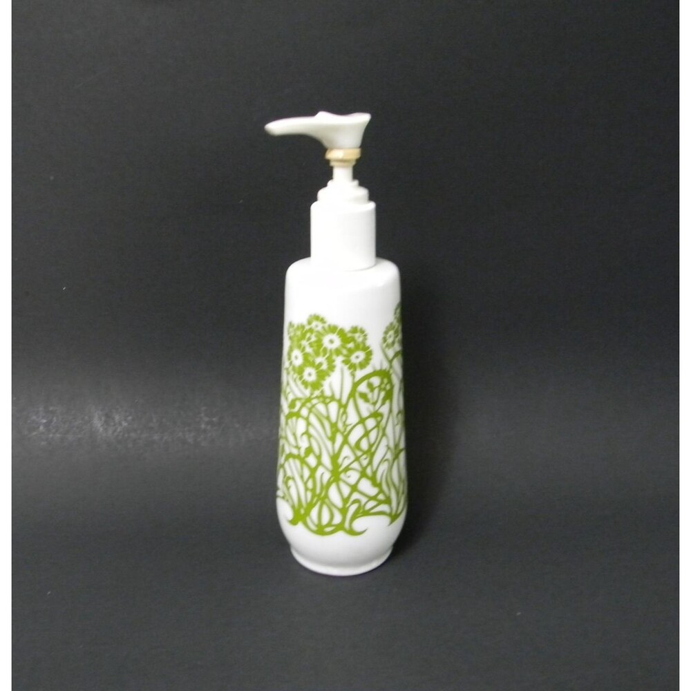 1970’s Amway Milk Glass Lotion Soap Pump Dispenser White Green Floral VTG Empty